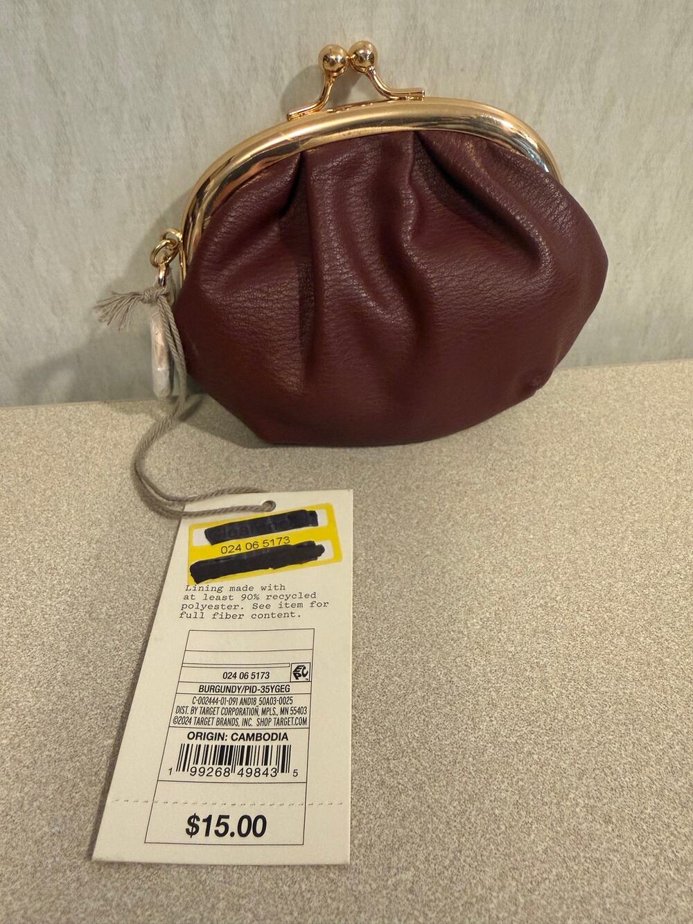 Kiss Lock Coin Purse Burgundy Faux Leather Gold Tone Frame Small Clutch Pouch